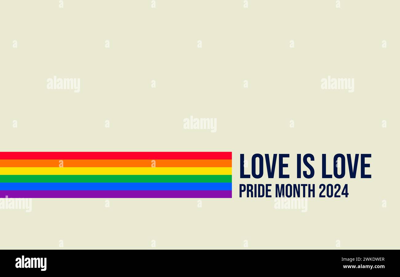 Banner del mese Pride con Pride Flag. Bandiera arcobaleno LGBTQ con testo mese orgoglio. L'amore è amore 2024 Illustrazione Vettoriale