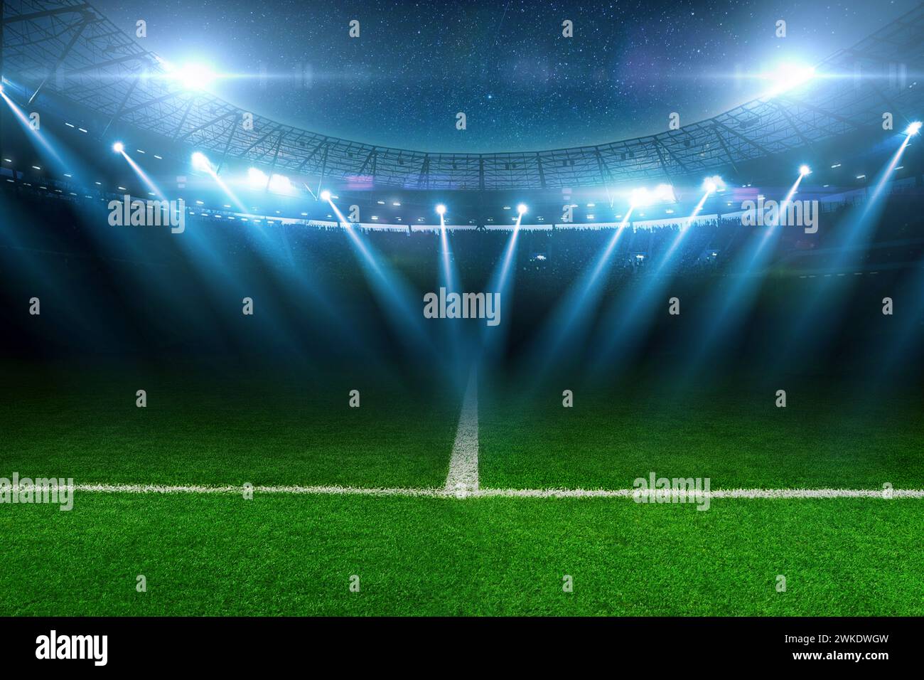 Moderno stadio di calcio con prato verde e riflettori blu. Background calcistico. Campioni di calcio Foto Stock