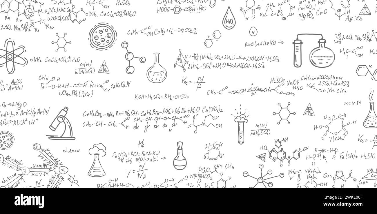 Formazione scolastica in chimica .formule scritte a mano background.lettere e numeri . Illustrazione Vettoriale