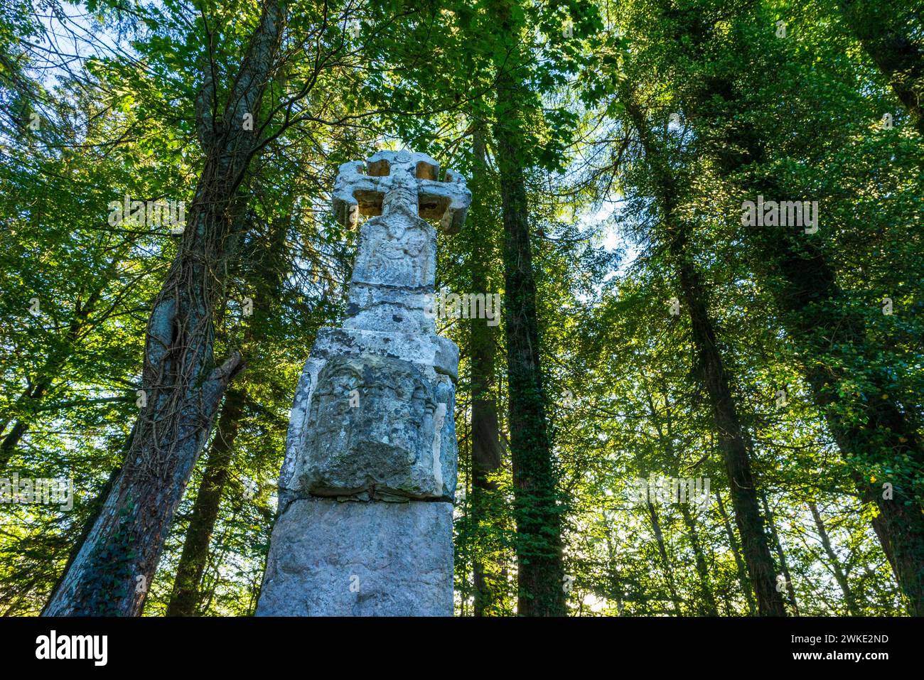Croce dei pellegrini all'uscita di Roncesvalles, XIV secolo, strada di Santiago, Navarra, Spagna. Foto Stock