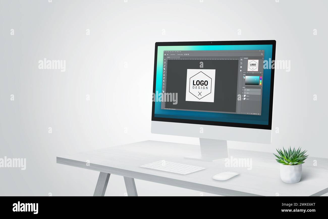 Interfaccia software per la creazione di logo su un moderno display del computer, che incarna un concetto di studio di design per un design innovativo e professionale del logo Foto Stock
