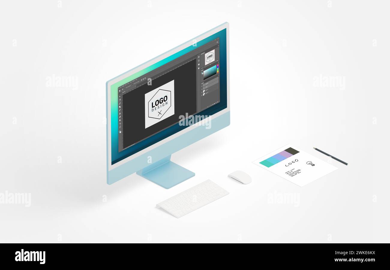Processo di creazione del logo sul display del computer, insieme a schizzi cartacei e penne in vista isometrica, combinando metodi di progettazione digitali e tradizionali Foto Stock