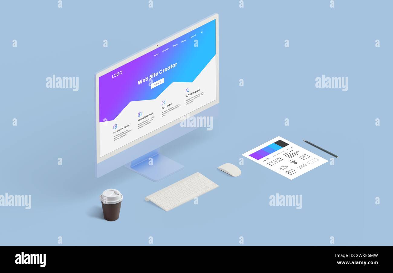 Vista isometrica di un computer moderno che visualizza un'interfaccia per il creatore di pagine Web, con strumenti online per la creazione di pagine Web Foto Stock