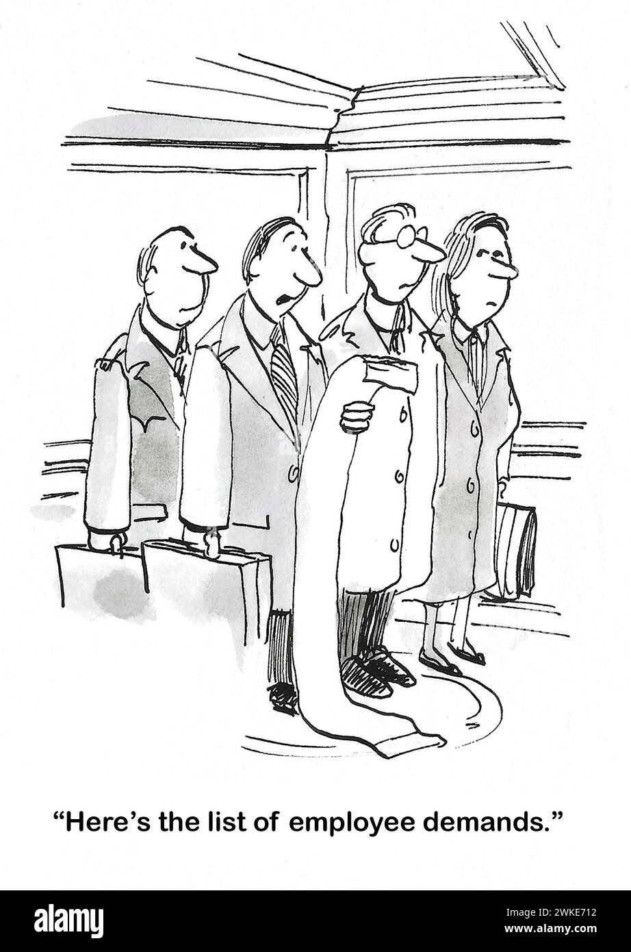 Fumetto BW dei gestori su un ascensore. Un manager di sesso maschile ha una lunga lista di richieste dei dipendenti. Foto Stock