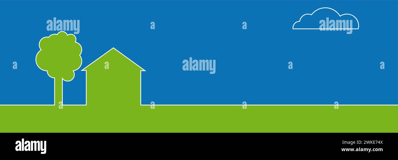 Paesaggio di campagna con silhouette verde e cielo blu. Casa e albero su banner vettoriale Illustrazione Vettoriale