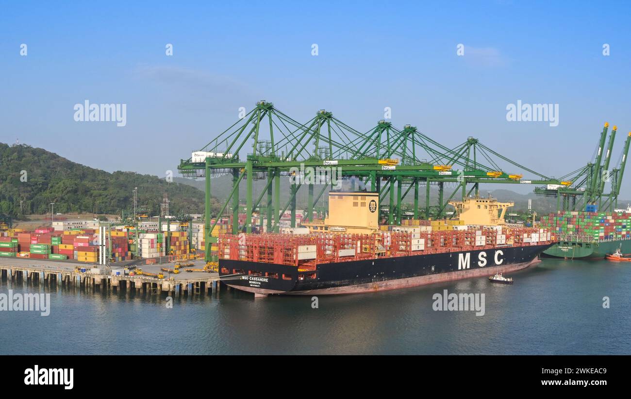 Panama City, Panama - 23 gennaio 2024: Vista grandangolare delle gru che scaricano la nave container MSC Cassandre attraccata nel porto di Panama City Foto Stock