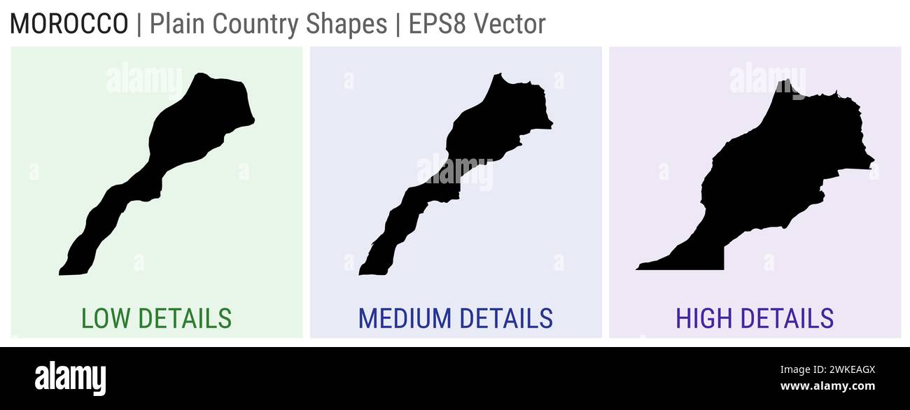 Marocco - semplice forma di campagna. Mappe dettagliate basse, medie e alte del Marocco. Illustrazione del vettore EPS8. Illustrazione Vettoriale
