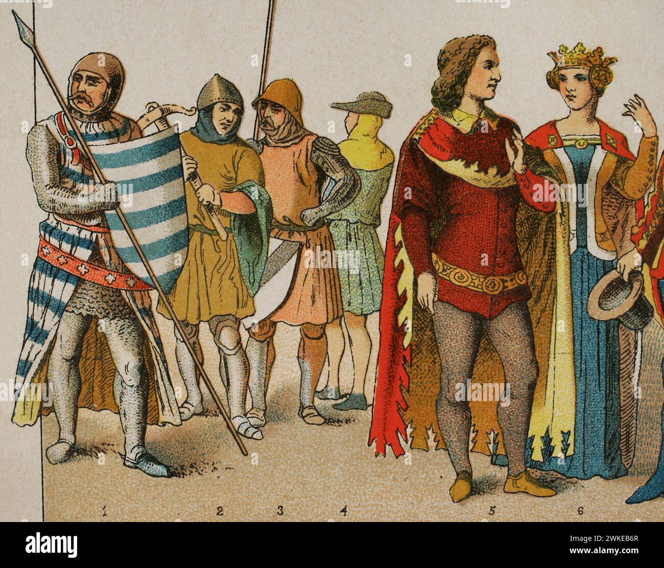 Storia dell'Inghilterra. 1300-1400. Da sinistra a destra, 1: Guerriero, 2: Balestra, 1376. 3: guerriero, 4: la gente comune si veste, 5-6: abiti da corte. Cromolitografia. Dettagli. Historia Universal, di César Cantú. Volume vi, 1885. Foto Stock