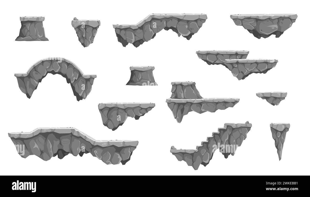 Piattaforme di gioco isolate da cartoni animati in pietra rocciosa, risorse di interfaccia utente vettoriali per video arcade 2d o mappe di giochi per computer. Piattaforme per saltare in volo, isole galleggianti, scale e ponti di rocce e pietre grigie Illustrazione Vettoriale