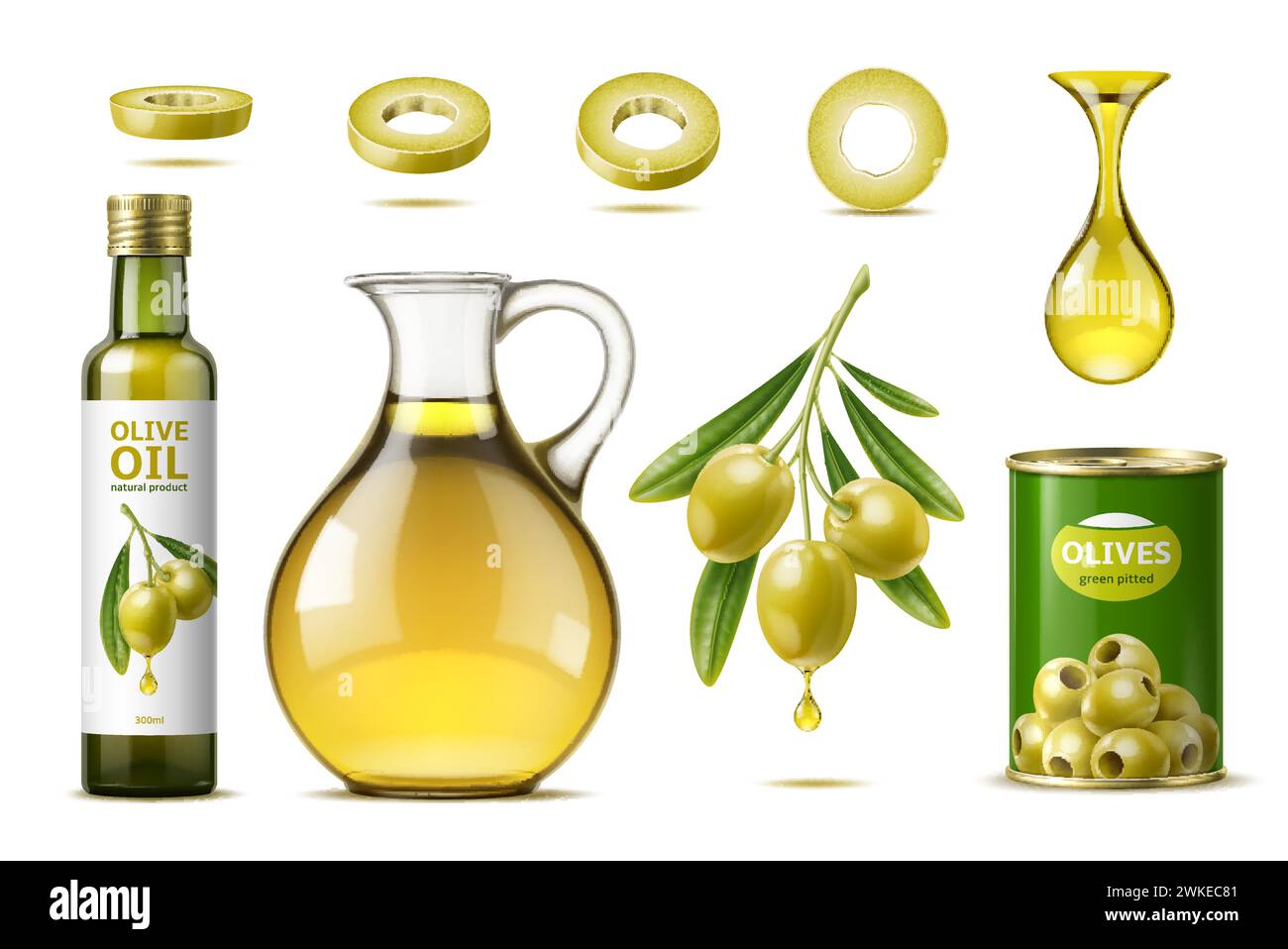 Brocca, barattolo e bottiglia realistici con olive verdi. Contenitore di latta vettoriale 3d isolato con olive grintose, che conserva il loro sapore ricco e salato. Caraffa di vetro, contenente liquido dorato, goccia e anelli Illustrazione Vettoriale