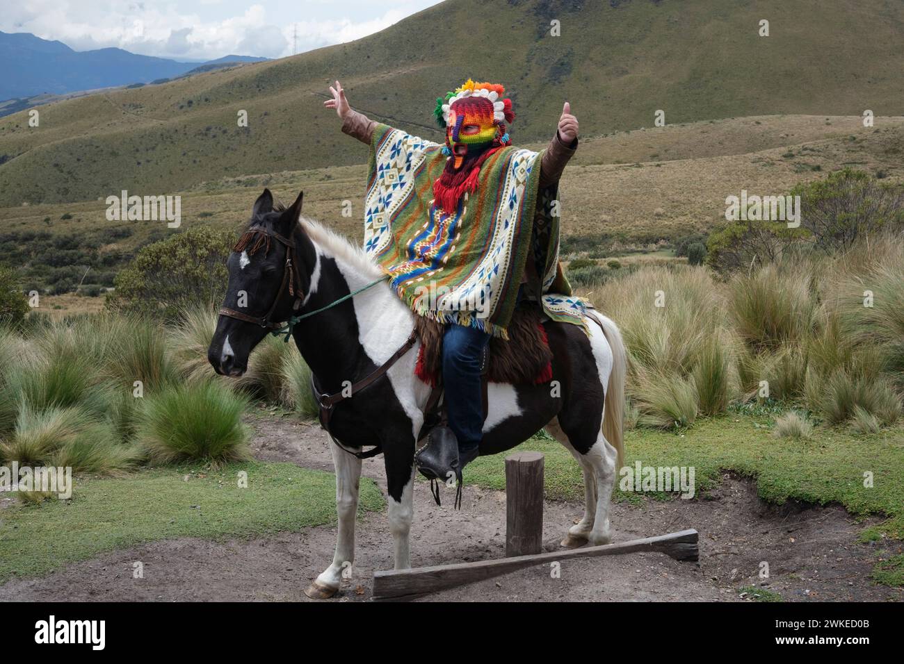 Un uomo in costume nazionale e maschera della popolazione indigena dell'Ecuador Foto Stock