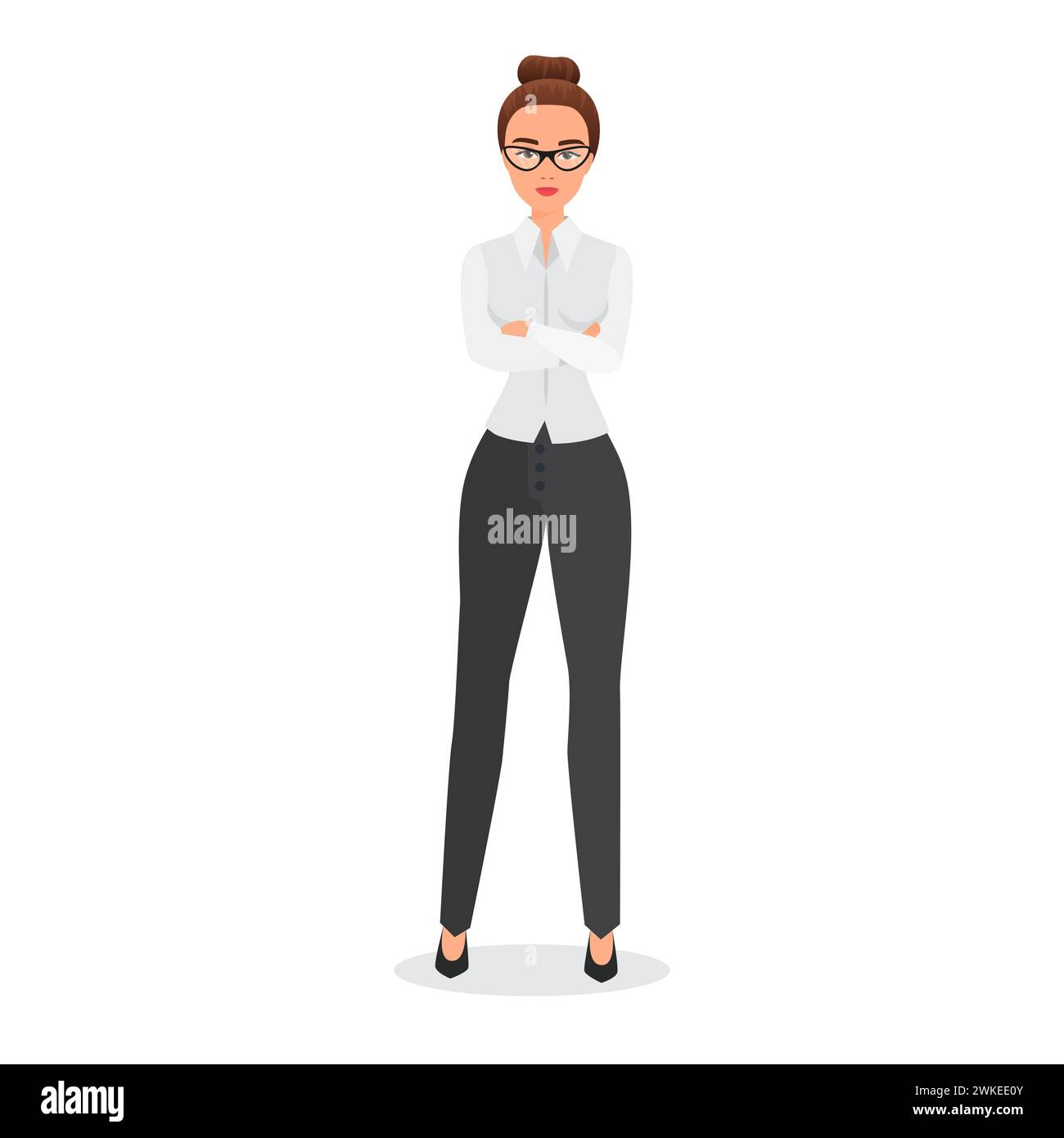 Donna d'affari sicura in piedi con le braccia incrociate sul petto, donna d'affari con occhiali e illustrazione vettoriale formale Illustrazione Vettoriale