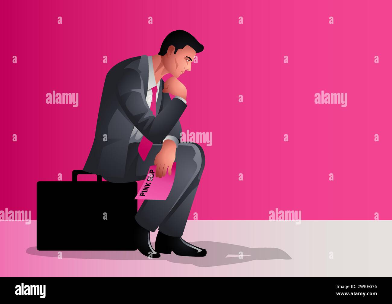 Un uomo d'affari ha perso nella profonda contemplazione. Si siede su una valigetta mentre tiene in mano una bustina rosa, simbolo di potenziale perdita di lavoro o cambiamento, emozioni di incertezza Illustrazione Vettoriale
