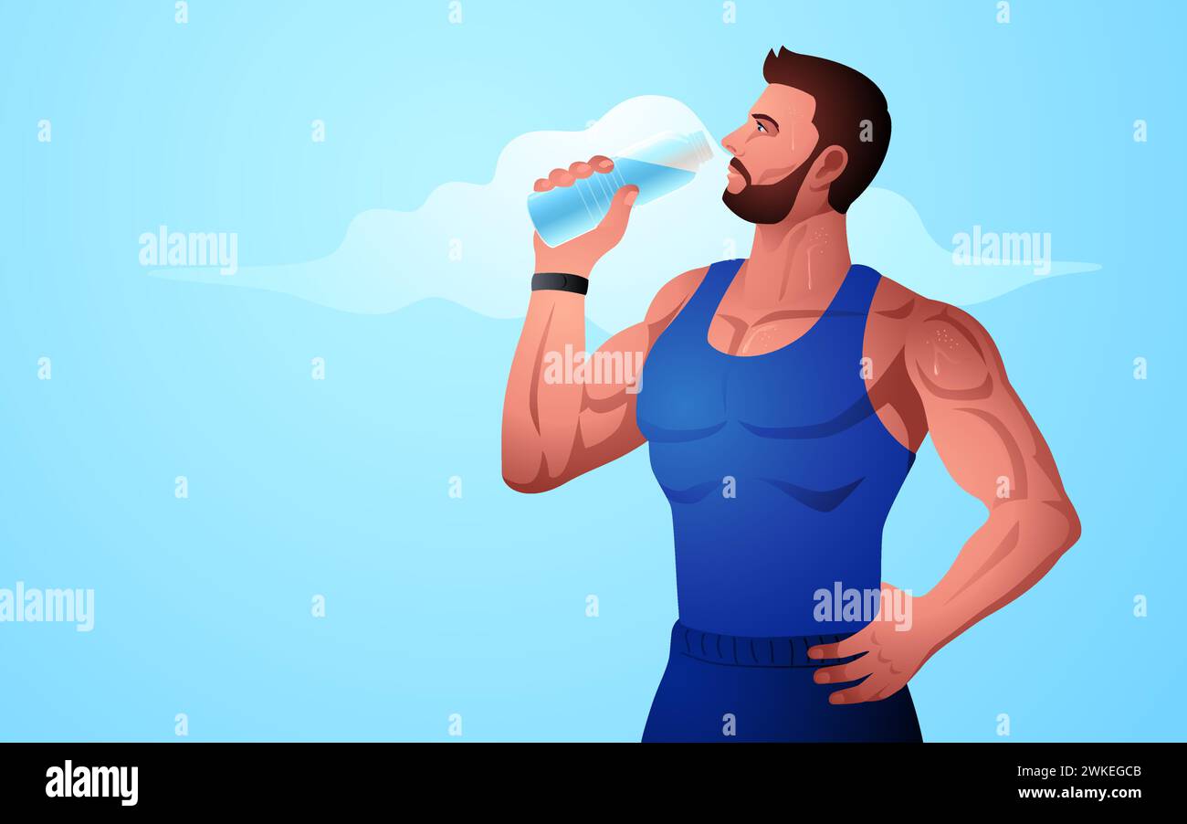 Illustrazione dell'uomo muscolare che beve acqua dopo un allenamento. Rinfrescare e ringiovanire, fitness, benessere, cura di sé, abitudini sane, stile di vita attivo, a. Illustrazione Vettoriale