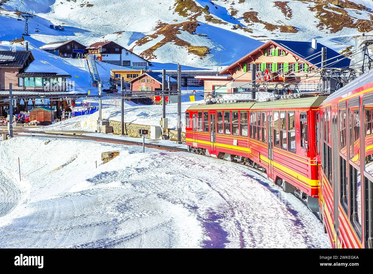 Kleine Scheidegg ferrovia fino al picco di Jungfraujoch, regione svizzera dell'Oberland Berner Foto Stock