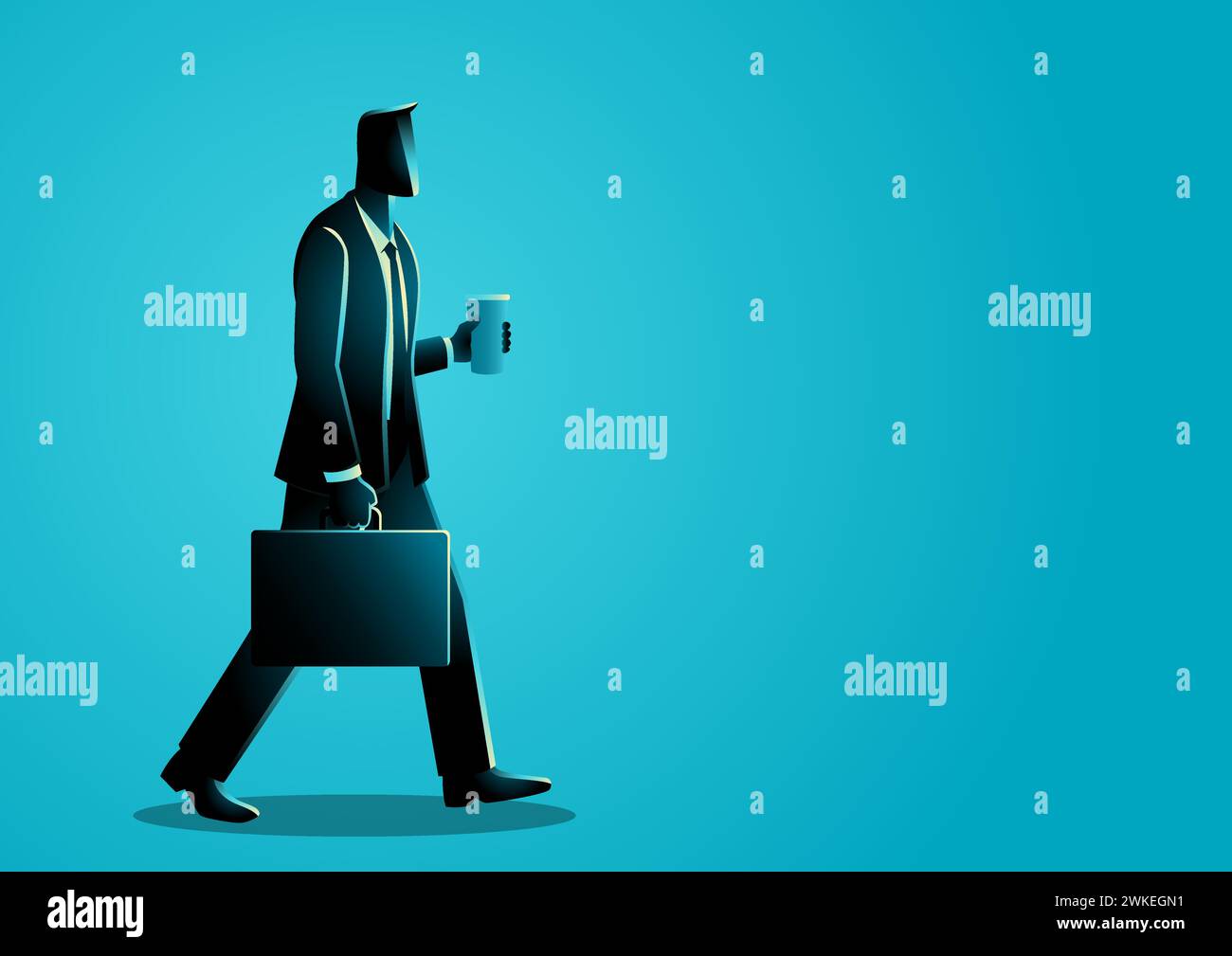 Uomo d'affari che cammina con sicurezza, trasporta valigetta e tazza da caffè per una scena dinamica della giornata di lavoro, illustrazione vettoriale Illustrazione Vettoriale