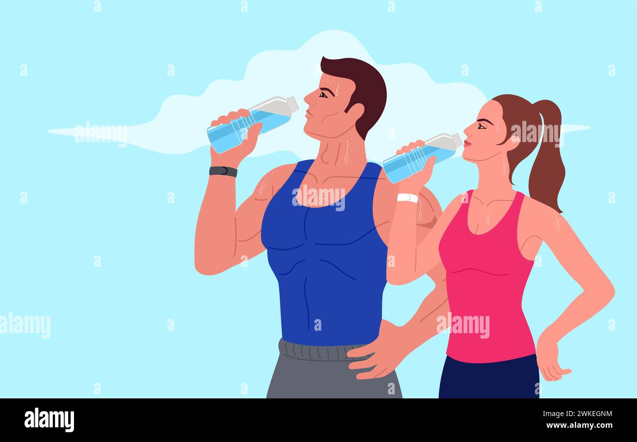 Illustrazione di una giovane coppia attraente che beve acqua dopo un allenamento. Rinfrescare e ringiovanire, fitness, benessere, cura di sé, abitudini sane, attivo l Illustrazione Vettoriale