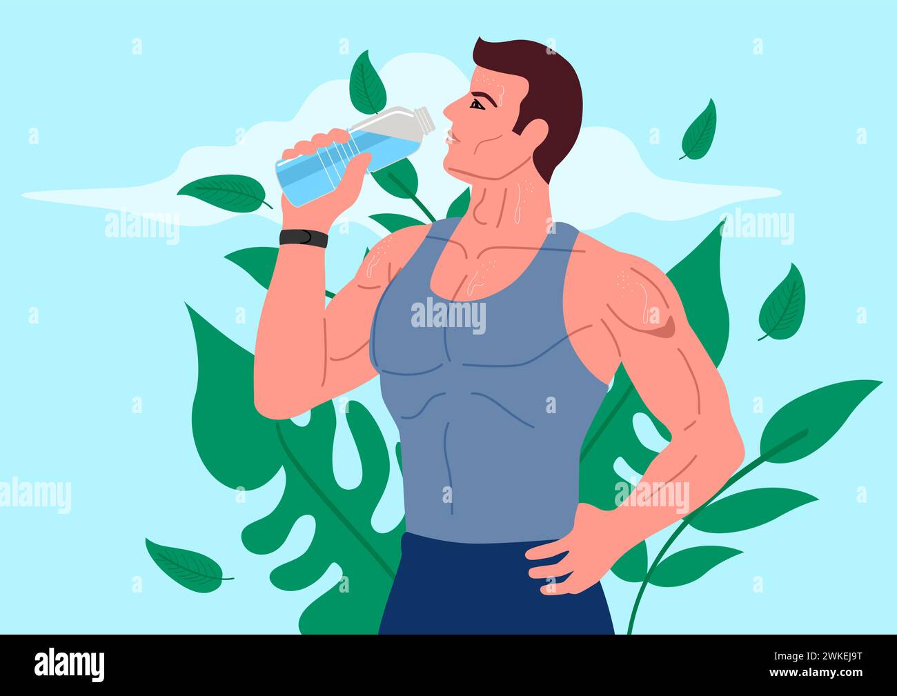 Illustrazione di un giovane attraente che beve acqua dopo un allenamento. Rinfrescare e ringiovanire, fitness, benessere, cura di sé, abitudini sane, attivo l Illustrazione Vettoriale
