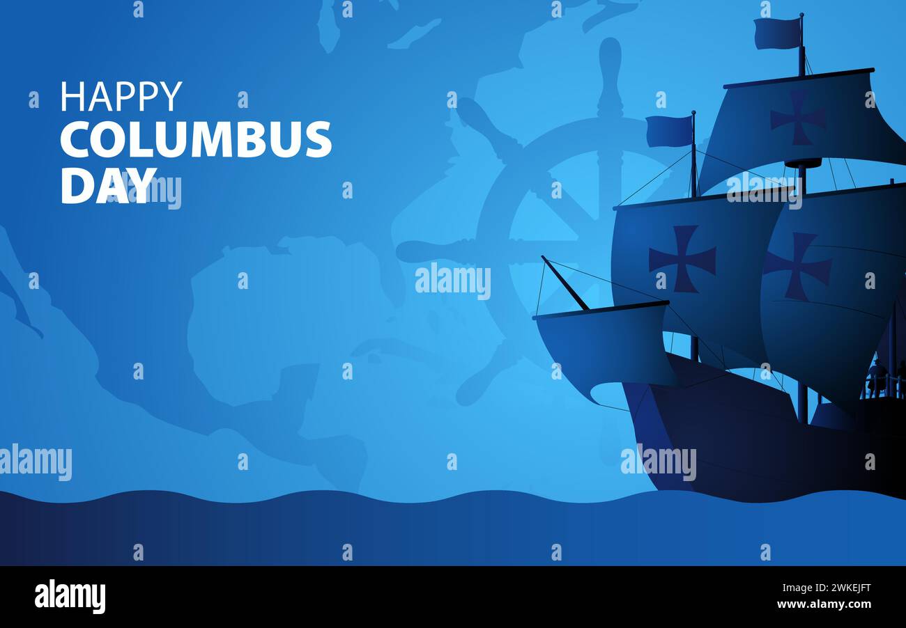 Nave Columbus che naviga attraverso il vasto oceano su sfondo blu. Simboleggia l'esplorazione storica e lo spirito per scoprire un nuovo mondo Illustrazione Vettoriale