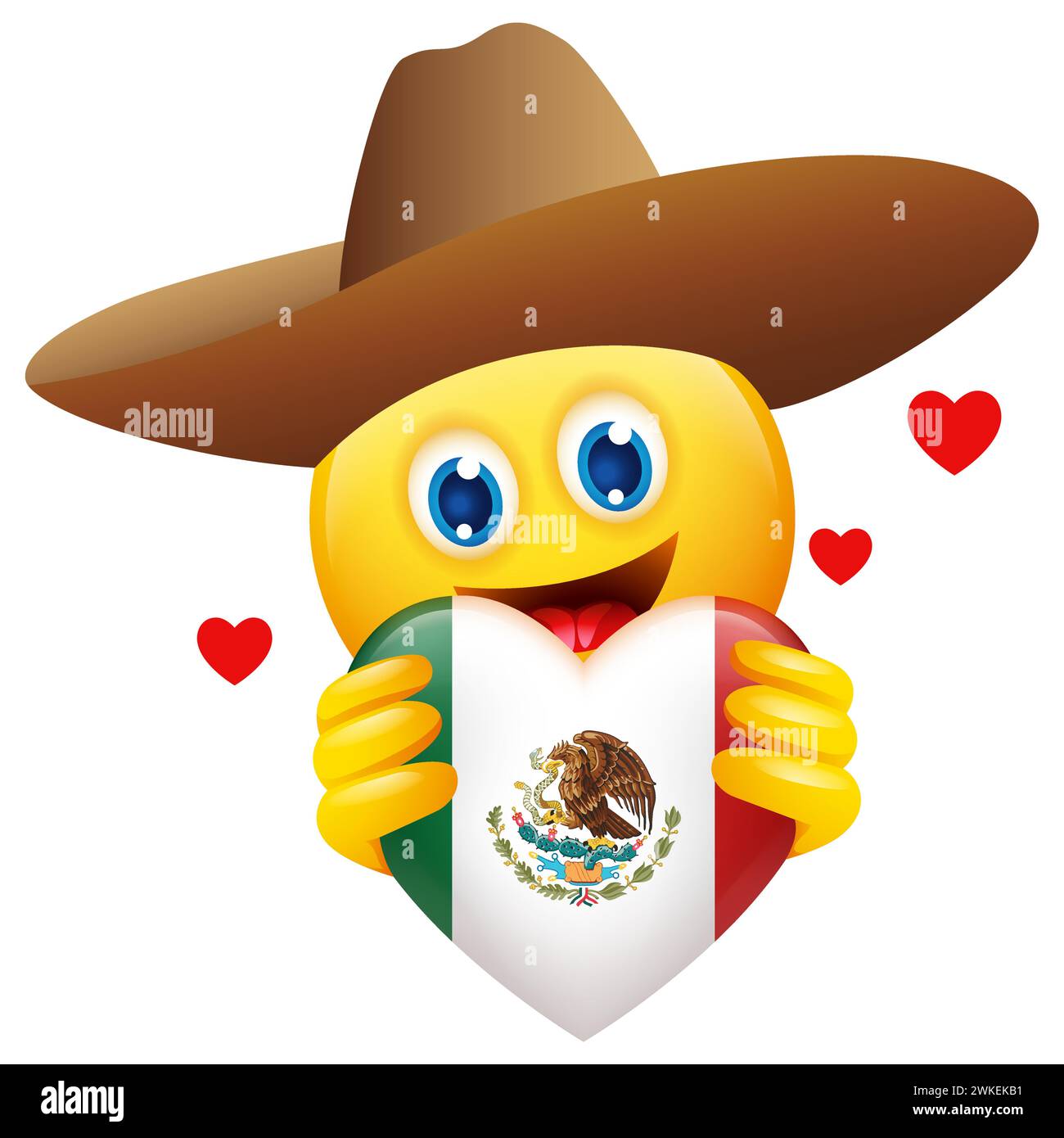 Illustrazione vettoriale di emoticon che indossa un cappello sombrero con il cuore simbolo dell'insegna messicana, un modo divertente per celebrare la cultura messicana, l'orgoglio nazionale, Illustrazione Vettoriale
