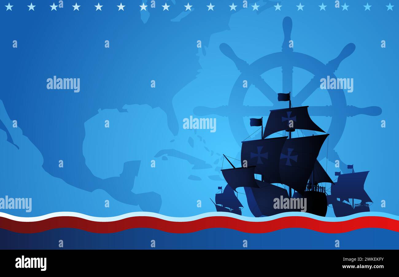 Columbus Ship, la Santa Maria, Pinta e Nina navigando attraverso il vasto oceano su sfondo blu. Simboleggia l'esplorazione storica e lo spirito di Illustrazione Vettoriale