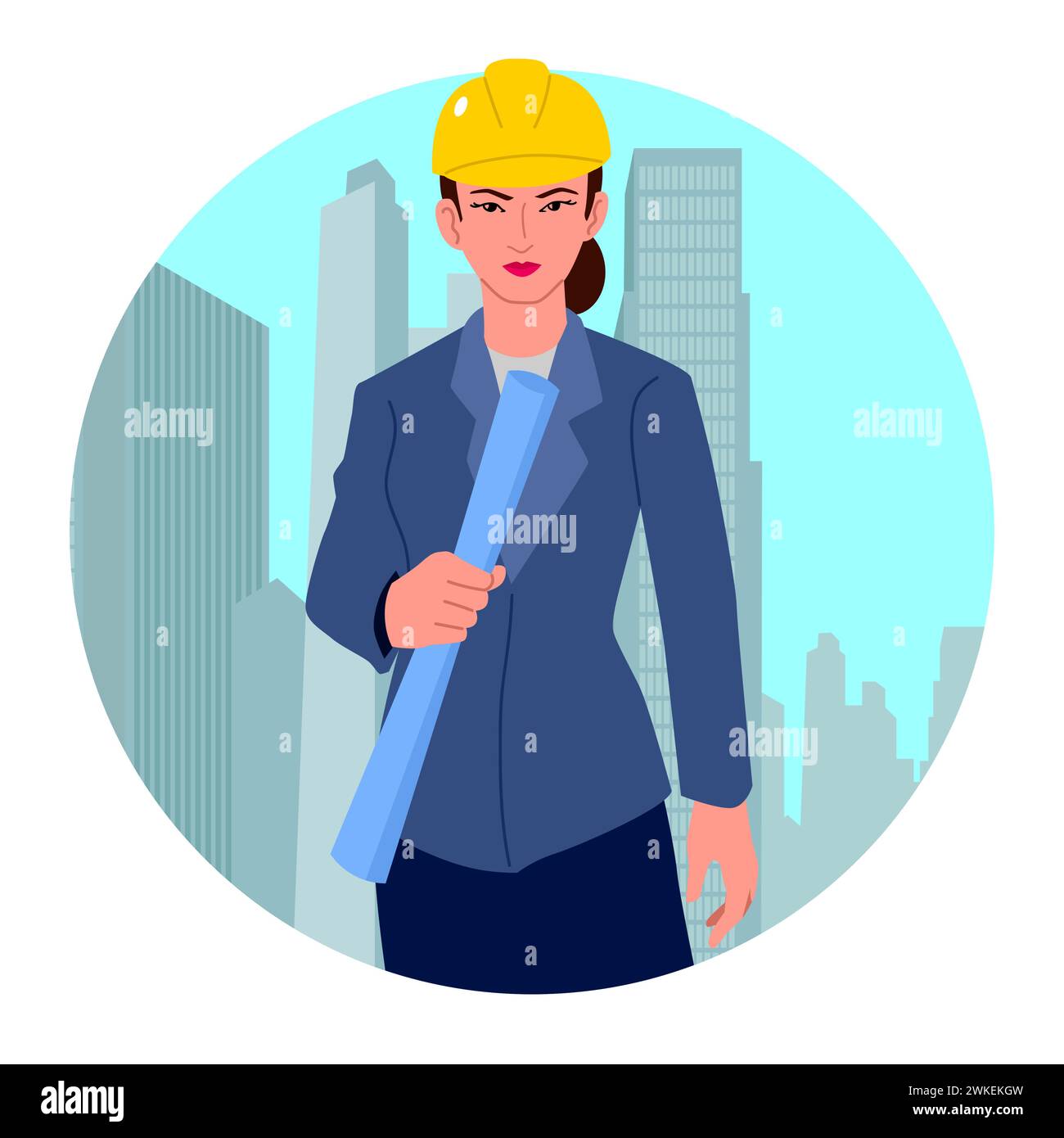 Architetto donna che tiene con sicurezza un progetto su uno sfondo di strutture architettoniche, questa immagine è perfetta per le imprese edili, artrosi Illustrazione Vettoriale