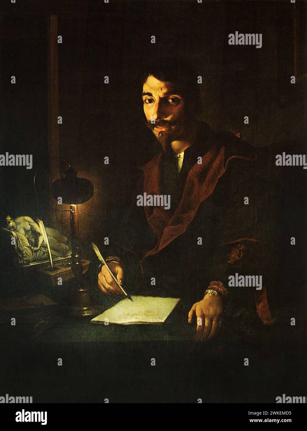 Porträt eines schreibenden Mannes im Lampenlicht (Selbstbildnis). Museo: Museo Nazionale di Palazzo Mansi, Lucca. Autore: PIETRO PAOLINI. Foto Stock