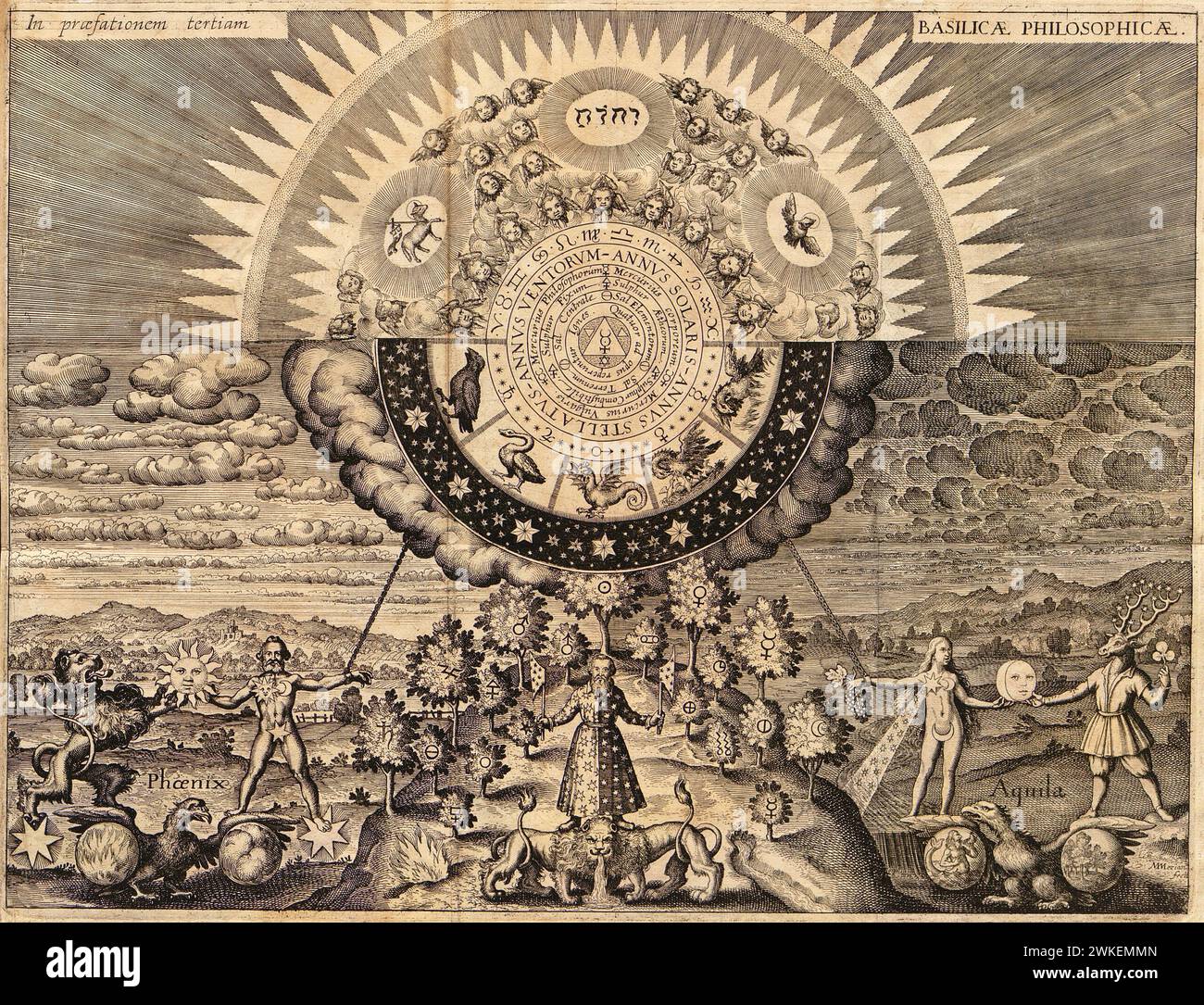 Die Alchemische Weltlandschaft, aus Opus medico-chymicum von Johann Daniel Mylius. Museo: Privatsammlung. Autore: Matthäus der Ältere MERIAN. Foto Stock