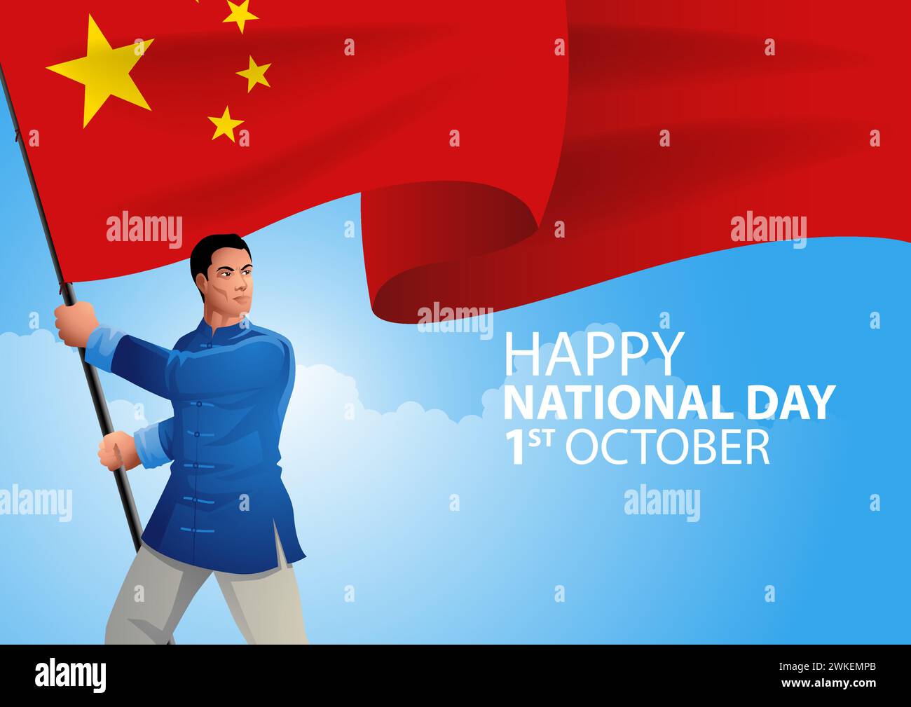 Uomo cinese in abiti cinesi tradizionali che tiene la bandiera della Cina con orgoglio. Simboli del patrimonio culturale, patriottismo, celebrazione dei tra cinesi Illustrazione Vettoriale