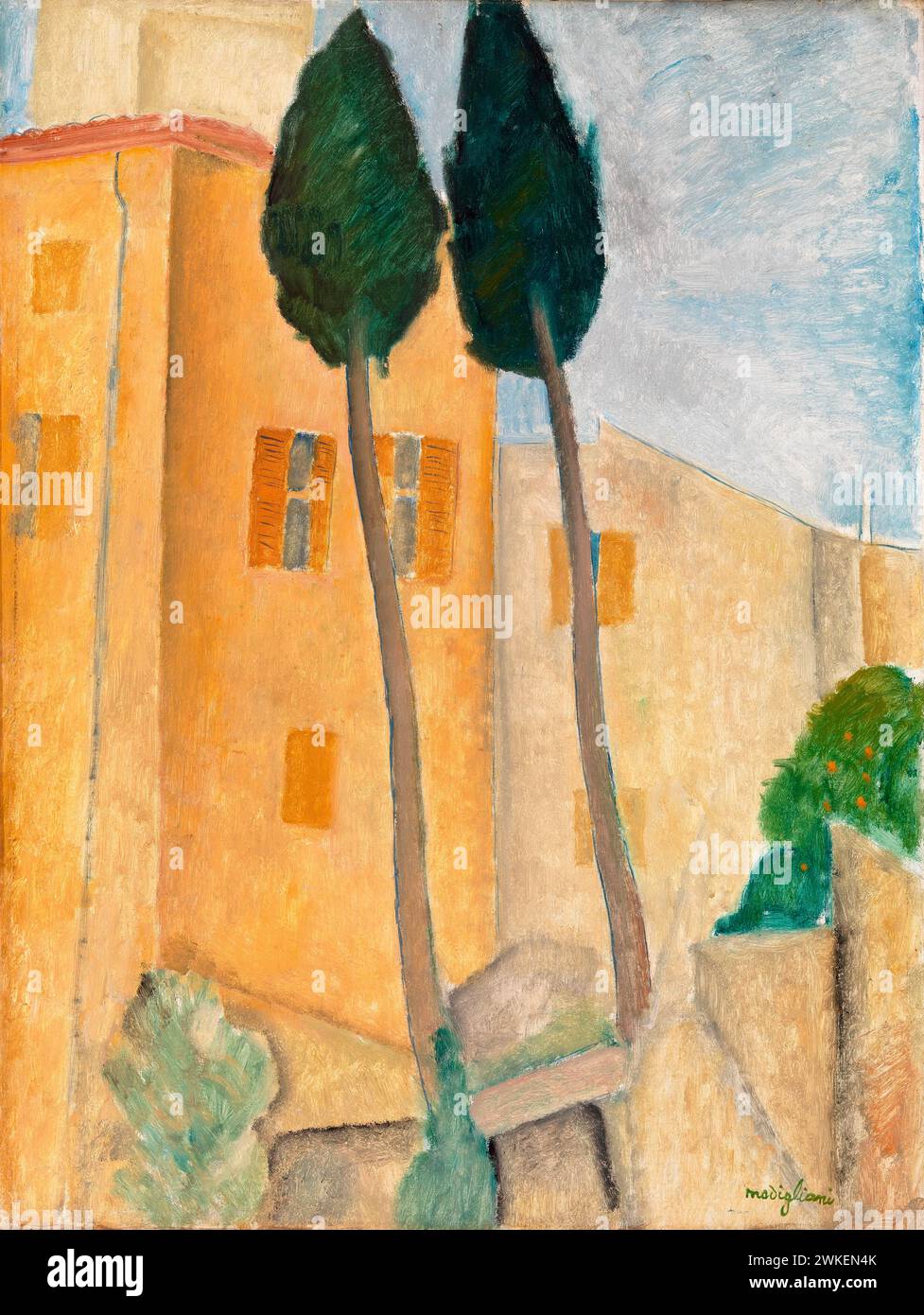 Cipressi e case a Cagnes. MUSEO: THE BARNES FOUNDATION, MERION. Autore: Amedeo Modigliani. Foto Stock