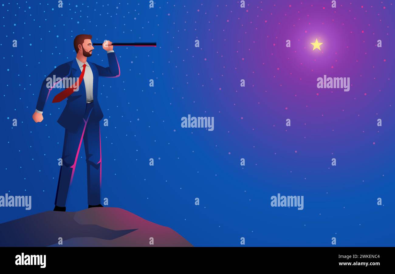Dreaming Big, uomo d'affari in cima, che guarda le stelle con il telescopio, rappresenta l'essenza dell'ambizione, della lungimiranza e dell'incessante inseguimento Illustrazione Vettoriale