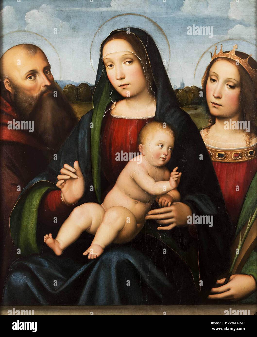 Madonna mit Kind zwischen Heiligen Antonius dem großen und Katharina von Alexandrien. Museo: Galleria Borghese, Rom. Autore: Jacopo De' Boateri. Foto Stock