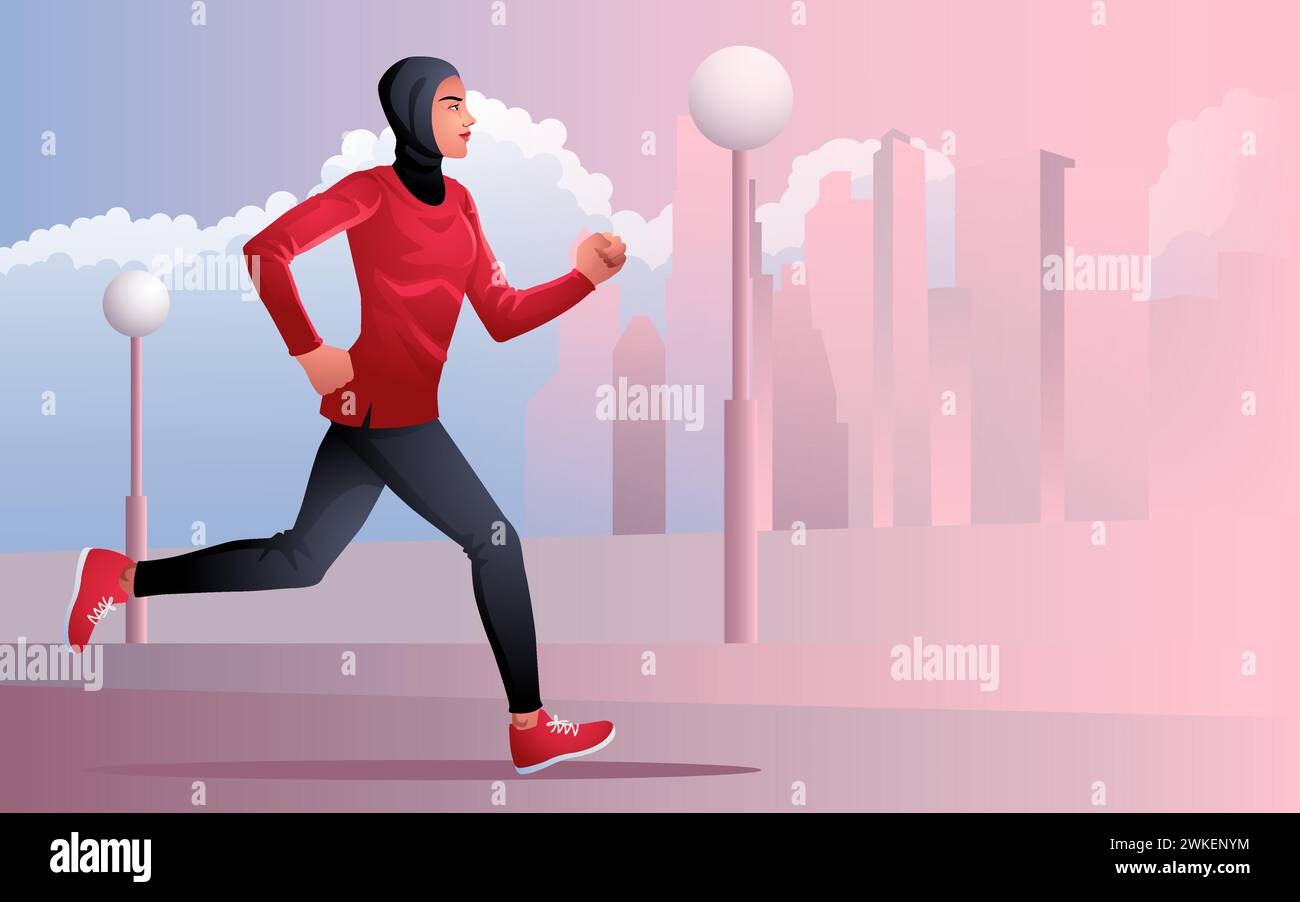 Illustrazione di una donna musulmana attiva in un hijab, jogging e corsa all'aperto sullo sfondo di un paesaggio urbano, fitness e stile di vita sano Illustrazione Vettoriale
