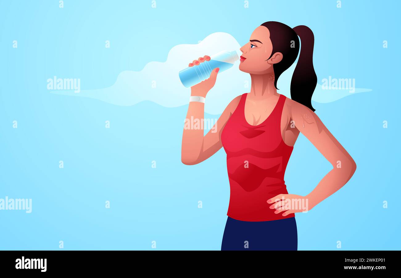 Illustrazione di una giovane donna attraente che beve acqua dopo un allenamento. Rinfrescare e ringiovanire, fitness, benessere, cura di sé, abitudini sane, attivo Illustrazione Vettoriale