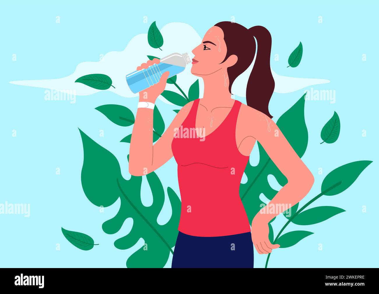 Illustrazione di una giovane donna attraente che beve acqua dopo un allenamento. Rinfrescare e ringiovanire, fitness, benessere, cura di sé, abitudini sane, attivo Illustrazione Vettoriale