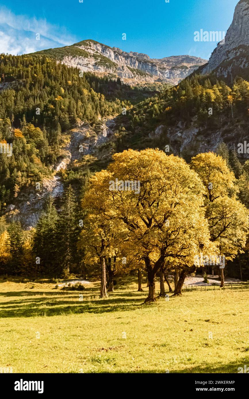 Paesaggio alpino autunnale o estivo indiano girato al Grosser Ahornboden, grande acero, Hinterriss, Schwaz, Tirolo, Austria Ahornboden, AX 093 Foto Stock