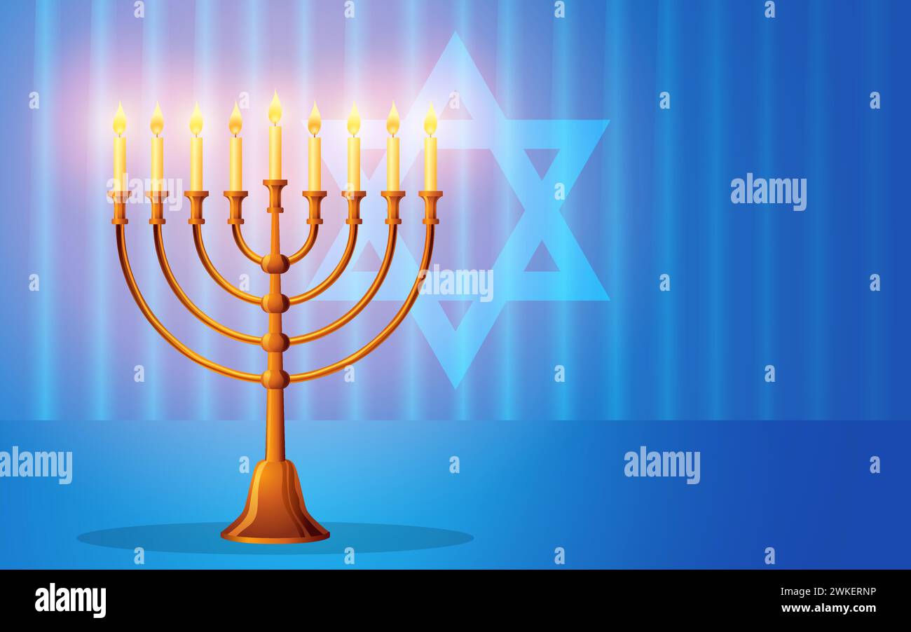 Illustrazione vettoriale della menorah un candelabro tradizionale su sfondo blu, perfetto per occasioni religiose ebraiche, come Hanukkah, Yom Kippur, Illustrazione Vettoriale