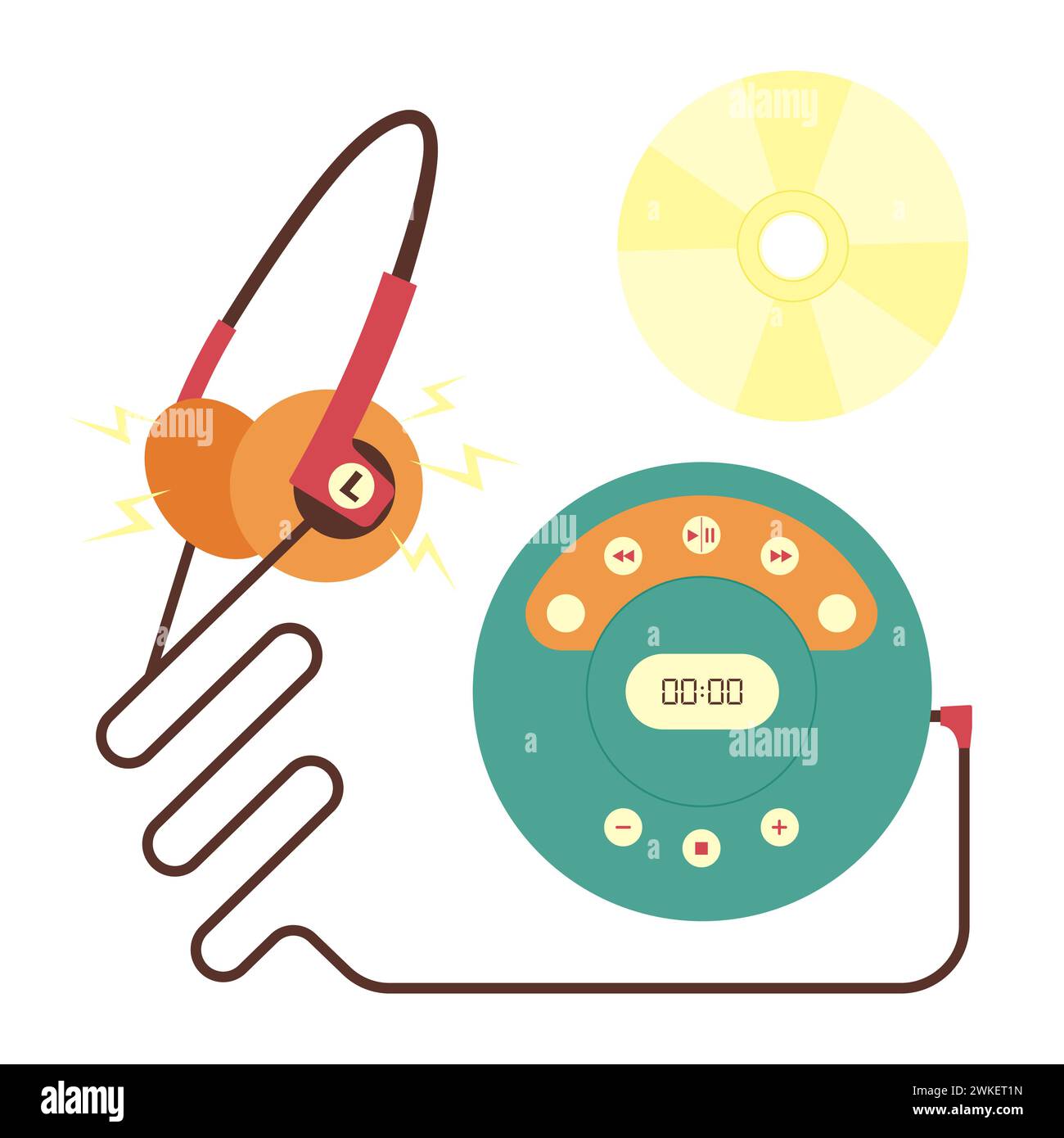 Lettore CD portatile, cuffie, disco. Illustrazione vettoriale colorata in stile anni '90. Sfondo bianco. Illustrazione Vettoriale