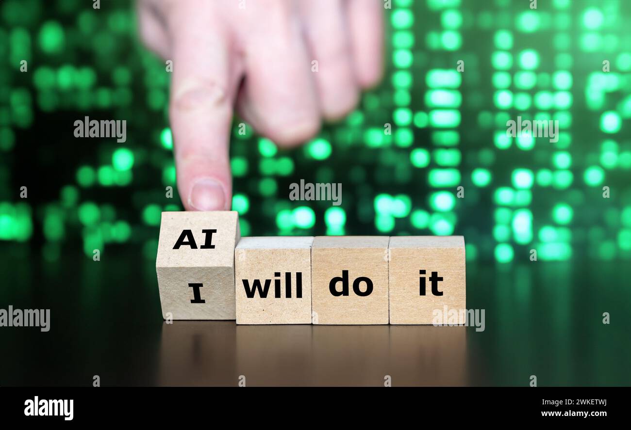 La mano gira il cubo di legno e cambia l'espressione "lo farò" in "l'IA lo farà". Simbolo dei lavori svolti dall'intelligenza artificiale. Foto Stock