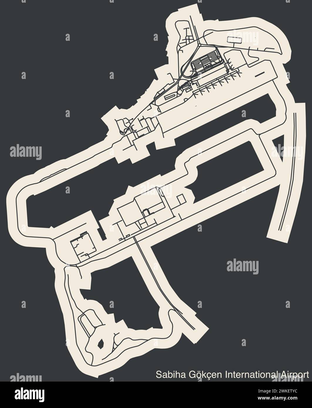 Piano di disposizione dei terminali dell'AEROPORTO INTERNAZIONALE SABIHA Gökçen (SAW) di ISTANBUL Illustrazione Vettoriale