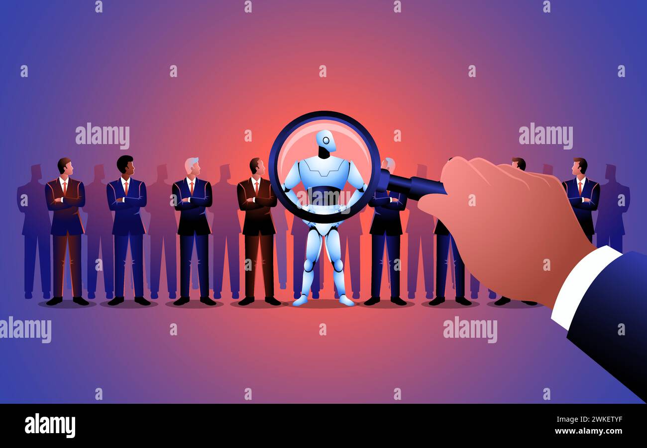 Datore di lavoro alla ricerca di candidati, con un robot che si distingue come la scelta preferita. Reclutamento e automazione nel business. complessità dell'assunzione, t Illustrazione Vettoriale