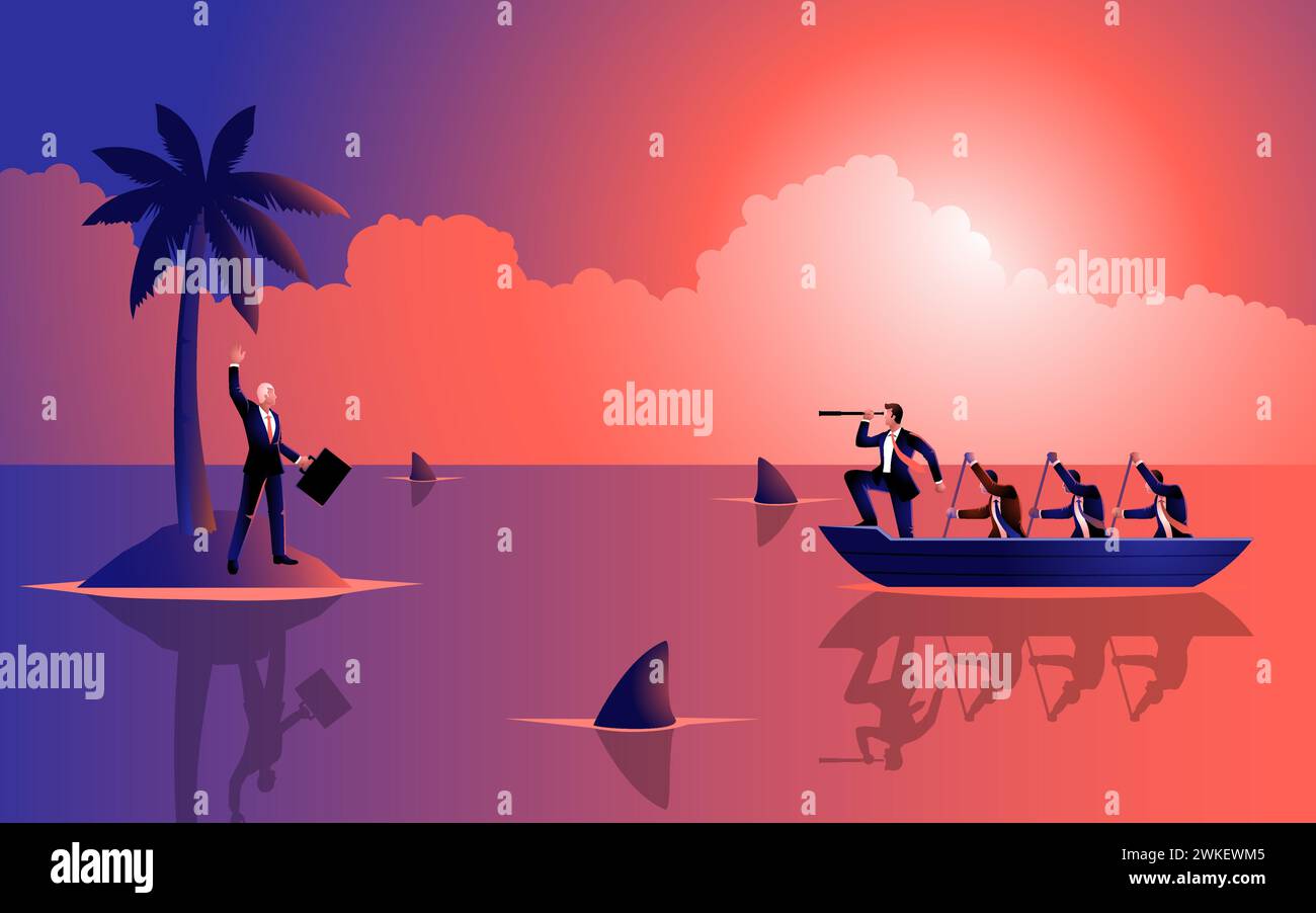Uomo d'affari bloccato su un'isola circondata da acque piene di squali. I colleghi in barca si precipitano a salvarlo, tema per superare le sfide e trovare Illustrazione Vettoriale
