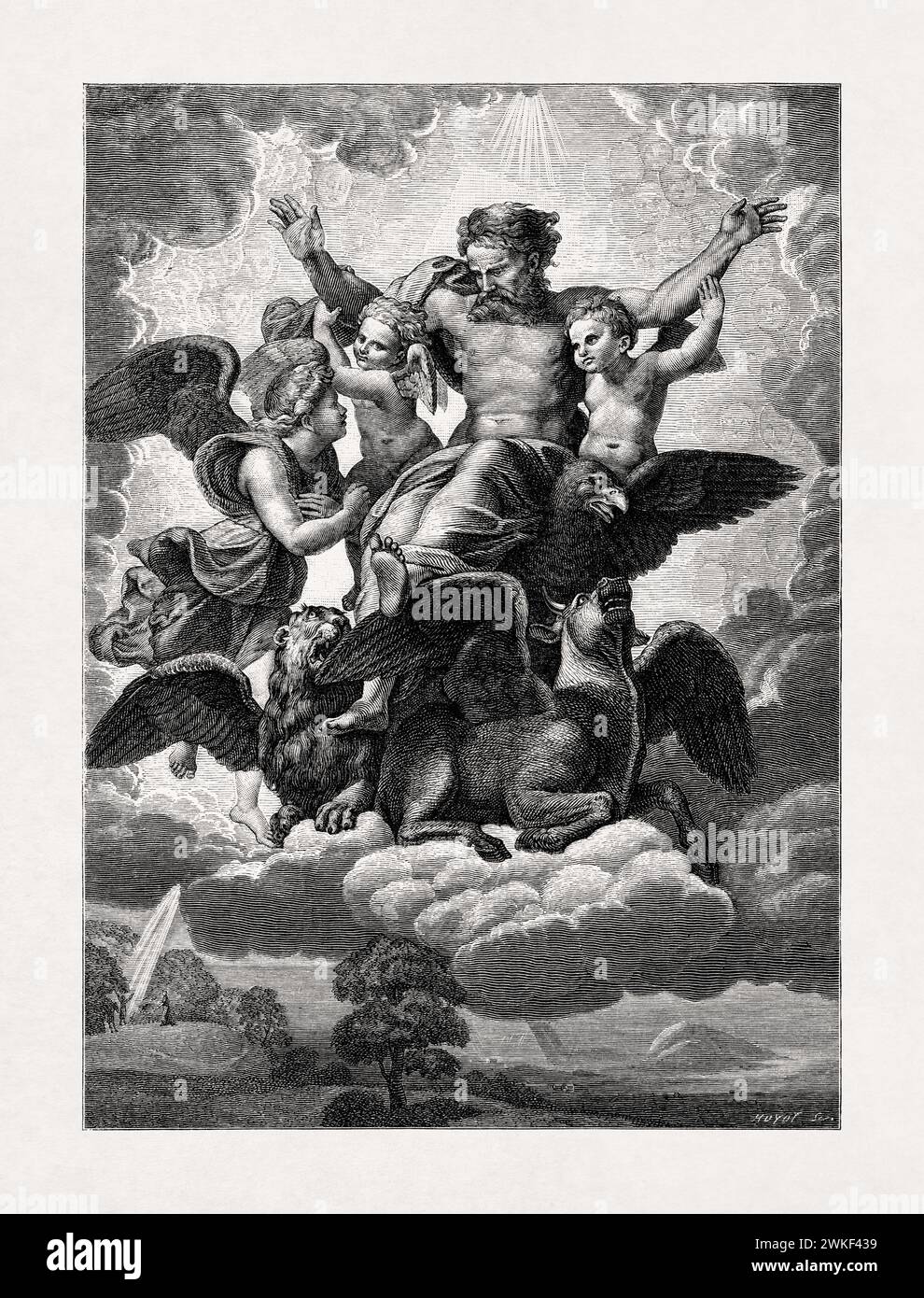 Illustrazione intitolata "visione di Ezechiele" dopo un dipinto di Raffaello realizzato nel 1518. Sta mostrando la visione di Dio del profeta Ezechiele nella maestà. Foto Stock