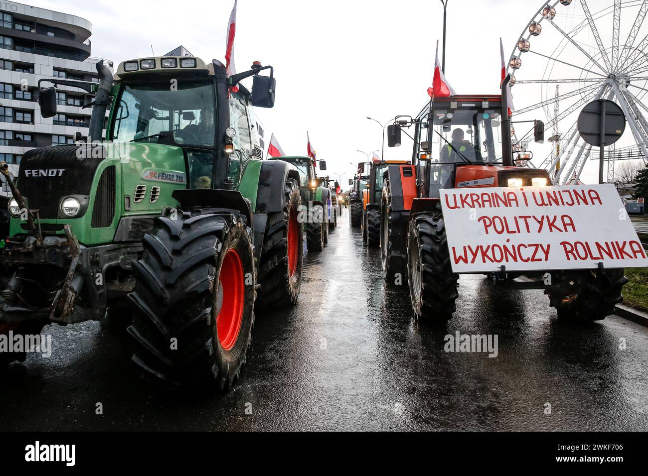 Gli agricoltori guidano i loro trattori nel centro di Cracovia, in Polonia, mentre lanciano uno sciopero nazionale contro la politica del Green Deal dell'UE e le importazioni agricole dall'Ucraina il 20 febbraio 2024. Oggi più di 30 mila trattori hanno bloccato le strade polacche. Foto Stock