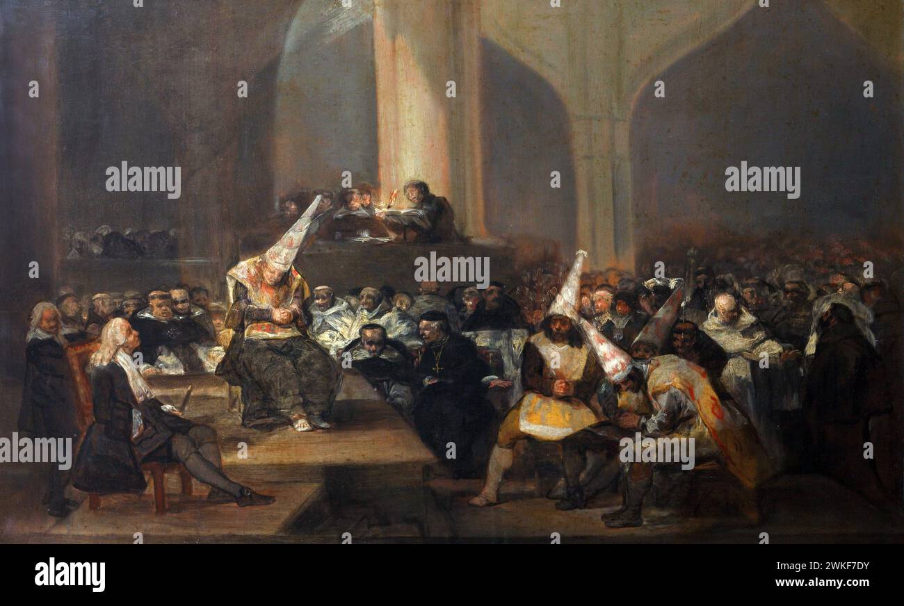 Spanish Inquisition di Goya.The Inquisition Tribunal (Escena de Inquisición) di Francisco José de Goya y Lucientes (1746-1828), oil on panel, 1808-1812 Foto Stock