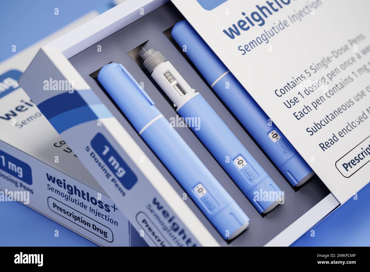 Due pacchetti da 5 penne di dosaggio ciascuno di un fittizio farmaco Semiglutin utilizzato per la perdita di peso (farmaco antidiabetico o antiobesità) su un blu Foto Stock