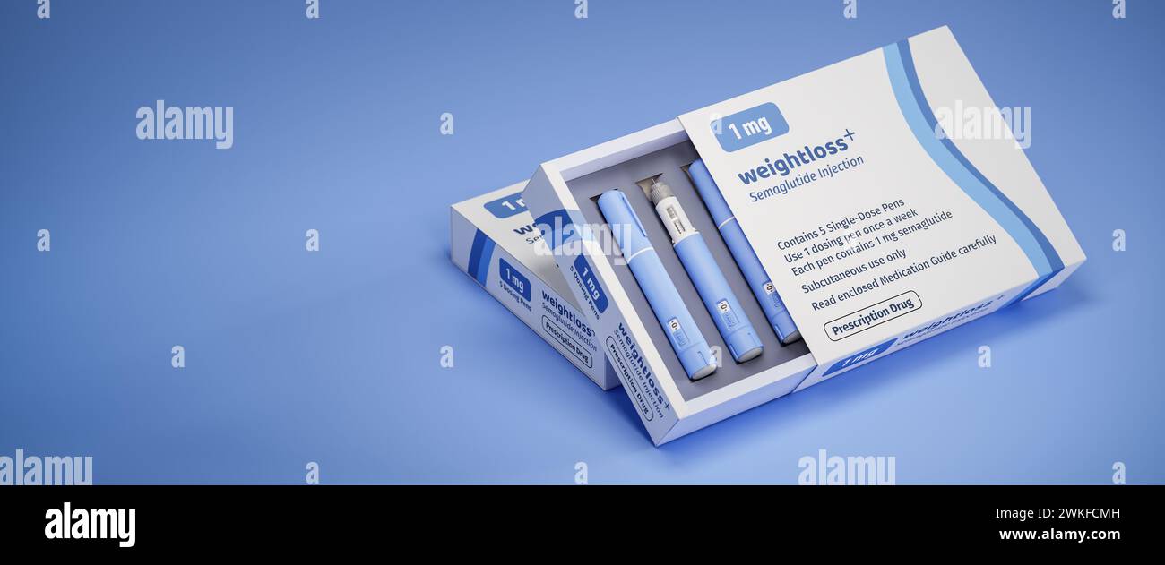 Due pacchetti da 5 penne di dosaggio ciascuno di un fittizio farmaco Semiglutin utilizzato per la perdita di peso (farmaco antidiabetico o antiobesità) su un blu Foto Stock