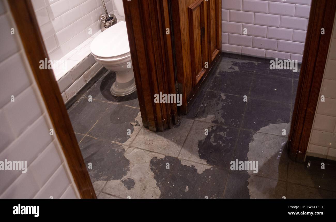 Chalfont St Peter, Regno Unito. 18 febbraio 2024. Le acque sotterranee del fiume Misbourne si sono inondate attraverso il pavimento e nei bagni del pub Greyhound Inn nel villaggio di Chalfont St Peter. Il pub è stato costretto a chiudere. La Thames Water è fuori dal pub che pompava acqua da un certo numero di settimane. L'inondazione è peggiorata di nuovo oggi dopo la pioggia notturna. Anche se l'area è già stata allagata, molti locali credono che la ragione dell'estesa inondazione questa volta si riferisca a HS2 che ha scavato sottoterra nella regione per la ferrovia ad alta velocità. Crediti: Maur Foto Stock