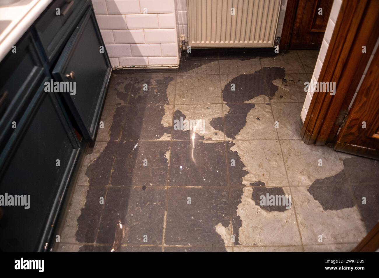 Chalfont St Peter, Regno Unito. 18 febbraio 2024. Le acque sotterranee del fiume Misbourne si sono inondate attraverso il pavimento e nei bagni del pub Greyhound Inn nel villaggio di Chalfont St Peter. Il pub è stato costretto a chiudere. La Thames Water è fuori dal pub che pompava acqua da un certo numero di settimane. L'inondazione è peggiorata di nuovo oggi dopo la pioggia notturna. Anche se l'area è già stata allagata, molti locali credono che la ragione dell'estesa inondazione questa volta si riferisca a HS2 che ha scavato sottoterra nella regione per la ferrovia ad alta velocità. Crediti: Maur Foto Stock