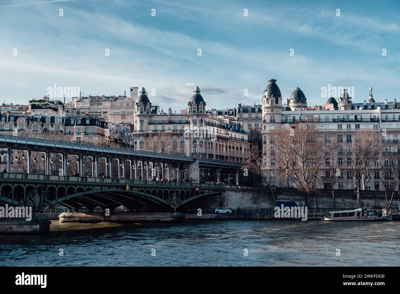 Vista del ponte Bir Hakeim con alcuni classici edifici parigini lungo la Senna Foto Stock